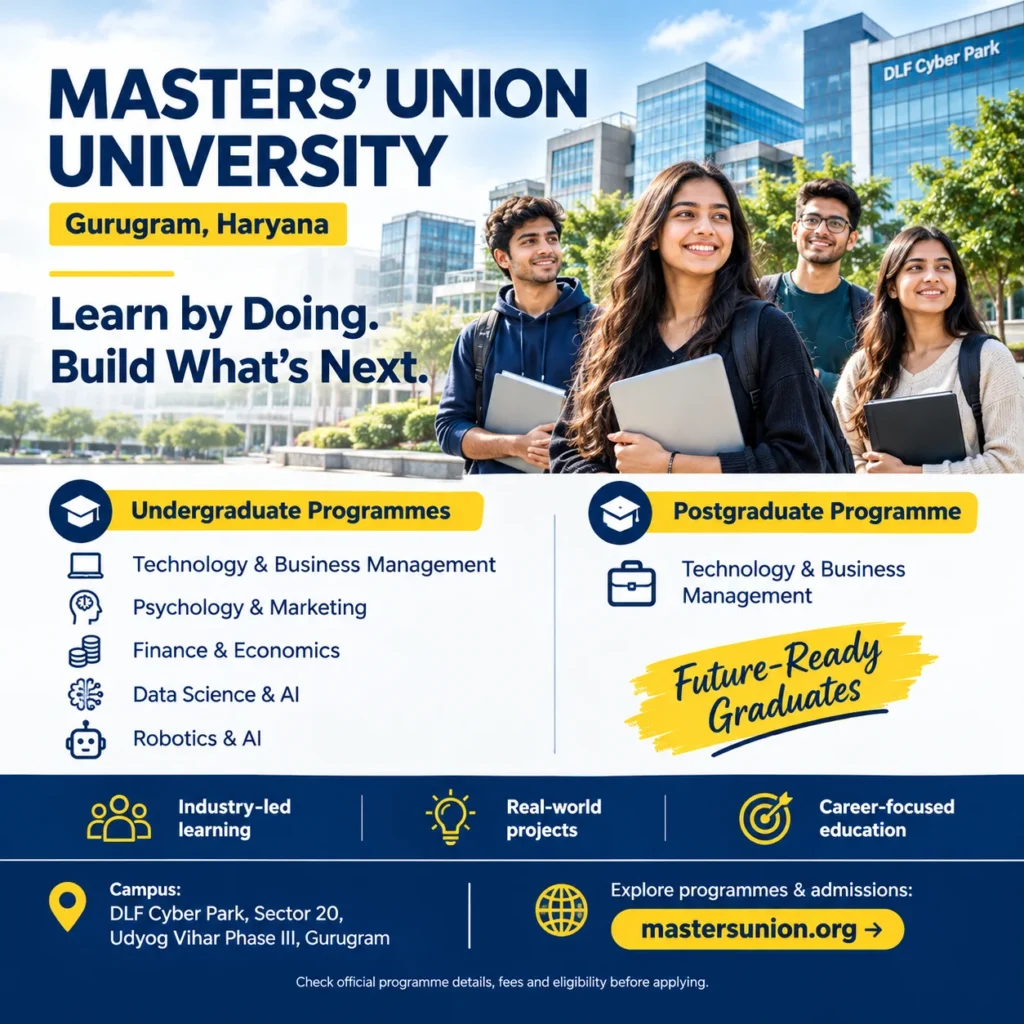 Explore Masters’ Union University, Gurugram, including courses, eligibility, fees, admission process, scholarships, campus details and career opportunities.